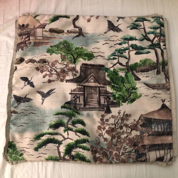 Set of 2 Asian toile linen pillow covers 22" x 22" barkcloth texture chinoiserie - Picture 6 of 9